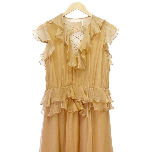 NWT New Friends Colony Maya Tan Chiffon Ruffled Lace-Up Maxi Dress Size Medium - Picture 5 of 13